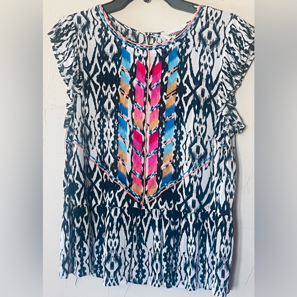 Savanna Jane Black White Ikat Blouse with Pink Blue Accent